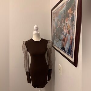 Chic Brown Bodycon Dress with Sheer Puff Sleeves